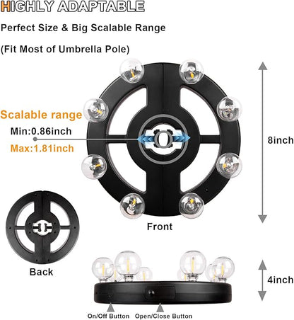 Umbrella Lights Outdoor Patio, Rechargeable Cordless with Dimmer &Timer, 8 Bright Warm White LED Bulbs Perfect for Garden, Backyard, Camping, BBQ or Indoor Use