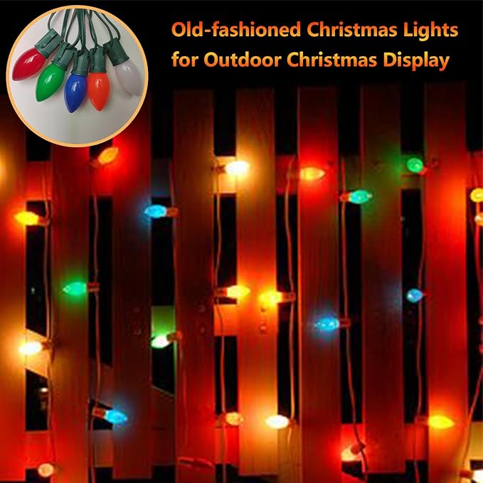 Christmas Lights Outdoor C9 25Ft Vintage Christmas Lights with 25 LED Shatterproof Colored Light Bulbs, Plug in Xmas Tree Light Connectable for Patio Roofline Garden Porch Balcony Party Xmas Decor