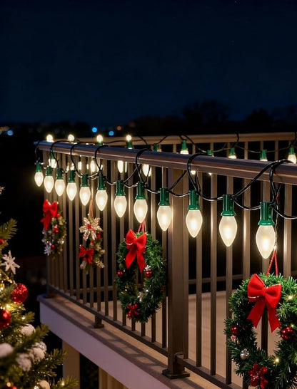 25FT C7 LED Christmas Lights,Frosted White LED C7 Christmas String Lights with 27 LED Bulbs,Commercial Hanging Lights Candle House Porch Balcony Party Decor