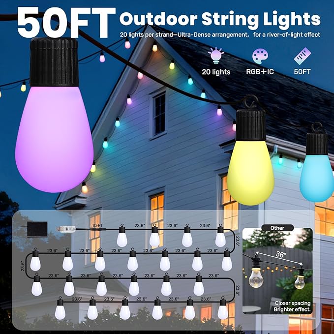 Smart Outdoor String Lights, 50FT RGB+IC & Warm White Christmas Outdoor Lights with 20 LED Dimmable Bulbs, String Lights with APP Control&Remote, IP65 Waterproof, 210 Modes for Christmas Patio,Balcony