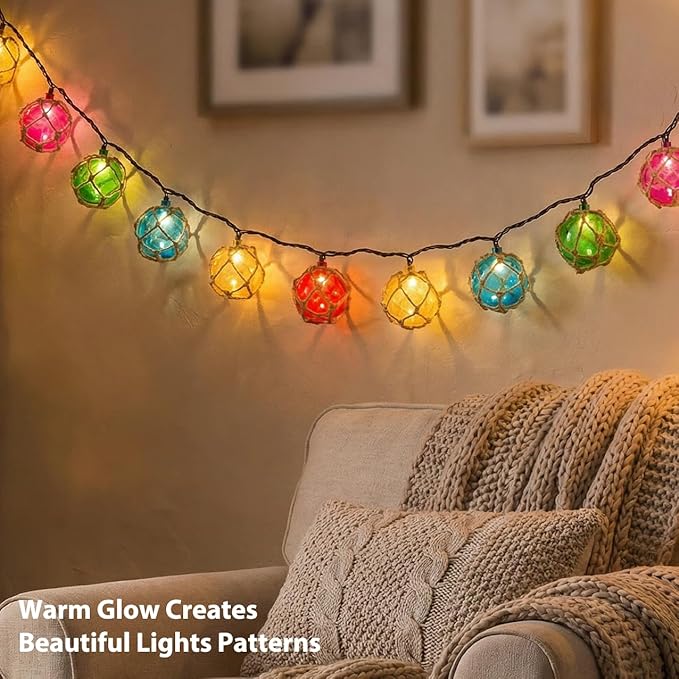 Decorative String Lights Plug in with 10 Incandescent Bulbs, Nautical Fishing Float String Lights Connectable Weatherproof for Indoor Home Tiki Bar Decor and Outdoor Patio Decorations (Multi-color)