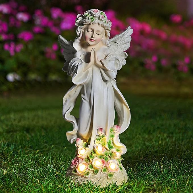 Solar Garden Statues Lights, Guardian Angel Figurines Light with Flower, Resin Praying Angel Figurine Lights Landscape Light, Outdoor Decor Garden Figurine for Patio Balcony Yard Lawn (White Angel)