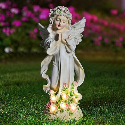 Solar Garden Statues Lights, Guardian Angel Figurines Light with Flower, Resin Praying Angel Figurine Lights Landscape Light, Outdoor Decor Garden Figurine for Patio Balcony Yard Lawn (White Angel)