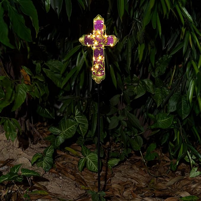 Solar Cross Stake for Cemetery Grave, Memorial Grave Decoration with Flowers and LED Light, Outdoor Solar Cross for Lawn Garden Pathway Decor (Fuchsia)