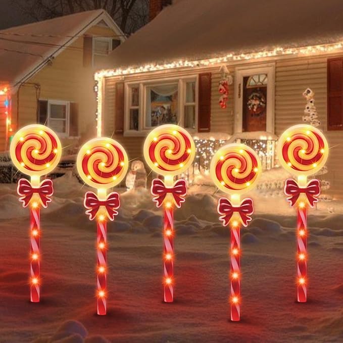 LAMPHOME Christmas Lollipop Pathway Lights，5PCS Decorations Outdoor Yard, Pathway Marker Stake Lights for Patio Ground Path Sidewalk Walkway Driveway
