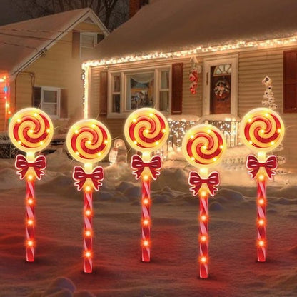 LAMPHOME Christmas Lollipop Pathway Lights，5PCS Decorations Outdoor Yard, Pathway Marker Stake Lights for Patio Ground Path Sidewalk Walkway Driveway