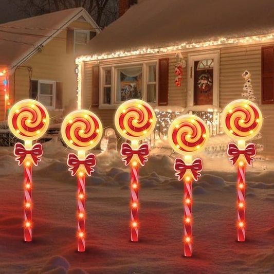 LAMPHOME Christmas Lollipop Pathway Lights，5PCS Decorations Outdoor Yard, Pathway Marker Stake Lights for Patio Ground Path Sidewalk Walkway Driveway