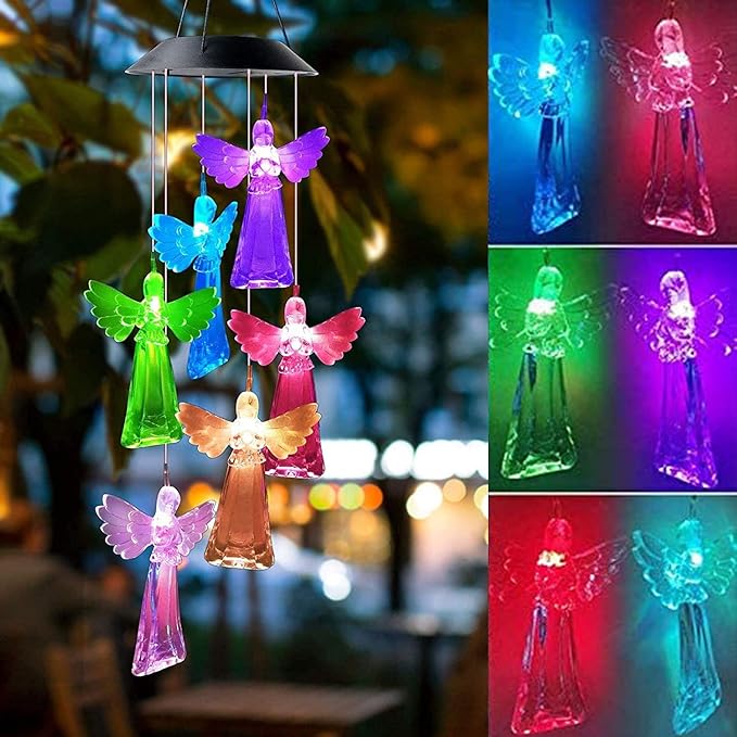 Solar Mobile Lights Hanging Wind Chime, Color Changing Outdoor Solar Garden Decorative Lights for Walkway Pathway Backyard Decoration Parties (Blue Wing Angel)