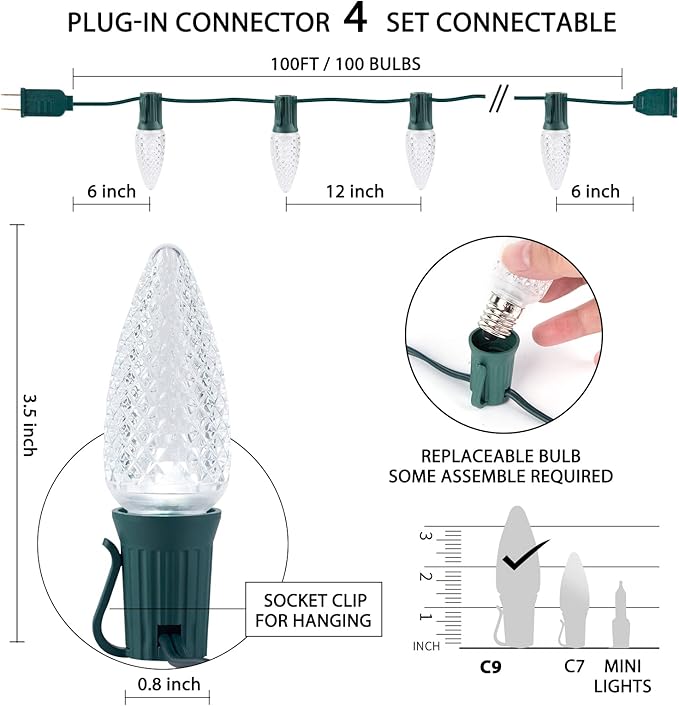 100 Feet C9 Christmas String Lights, Waterproof Commercia Led Outdoor Christmas Lights with 100 Strawberry C9 | Lumora