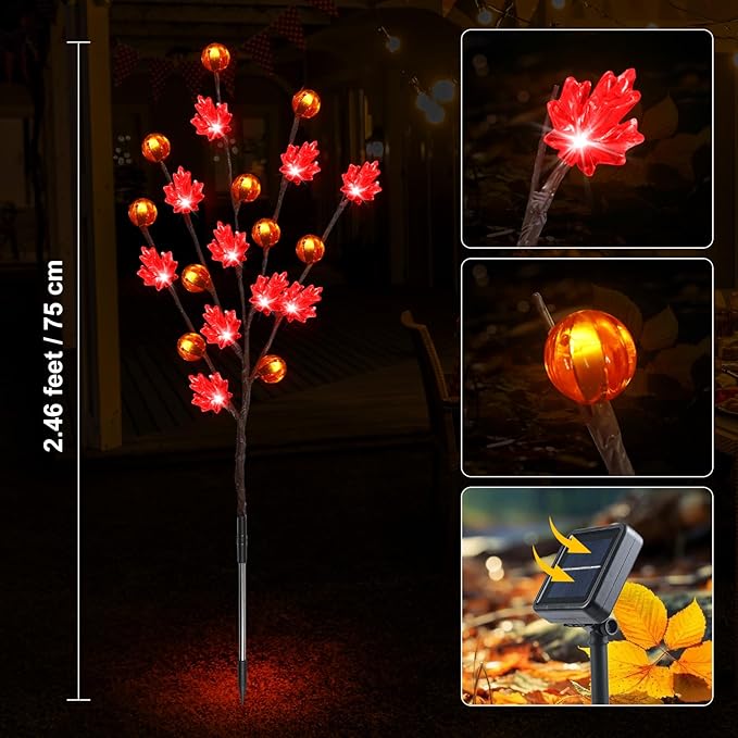 Solar Garden Path Lights for Fall Decorations,4PACK 80LED RED Maple Leaf Pumpkin Tree with Thanksgiving Party Gifts Decor,Maple Pumpkin Decor for Home,Thanksgiving Day Outdoor/Indoor Use