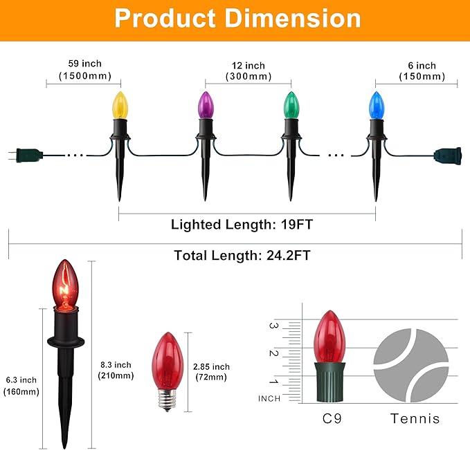 Christmas Lights Outdoor 20 Pathway Lights - 24.2ft Multicolor Walkway Light with Stakes, C9 Driveway Light for Outside Yard Garden, Extendable for Xmas Holiday Decorations, 20 Lights