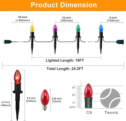 Christmas Lights Outdoor 20 Pathway Lights - 24.2ft Multicolor Walkway Light with Stakes, C9 Driveway Light for Outside Yard Garden, Extendable for Xmas Holiday Decorations, 20 Lights