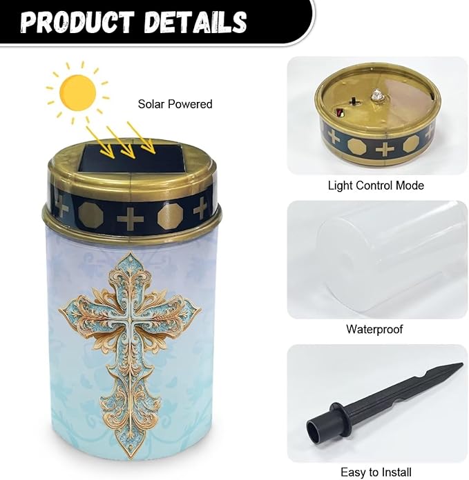 Solar Cross for Cemetery Grave Waterproof Grave Decorations for Cemetery Auto On/Off LED Solar Light for Cemetery Decor Memorial Gifts 2 Pack