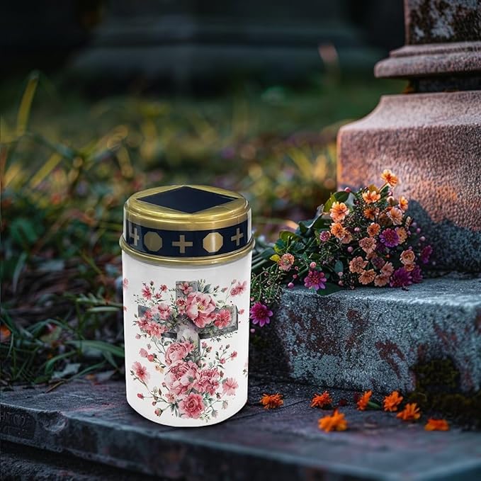 Cross Solar Outdoor Lights Red Floral Cemetery Solar Lights Cemetery Grave Decorations Garden Lawn Yard Patio Decor Solar Lights Outdoor Waterproof Pathway