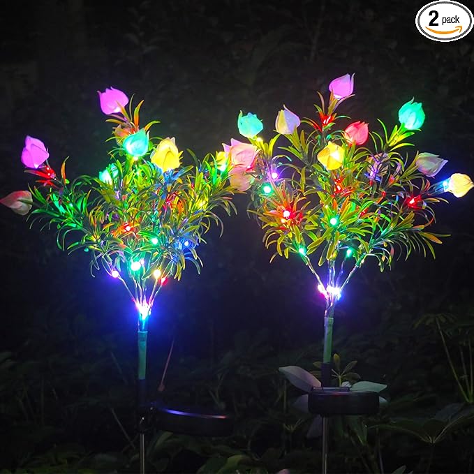 DUODEAN Solar Flower Lights Outdoor, 42-LED Colorful Gardenia Flowers with Auto On/Off and Bendable Stems, Waterproof Decorative Garden Lights for Yard, Pathway, Patio, Cemetery Gravesite (2 Pack)