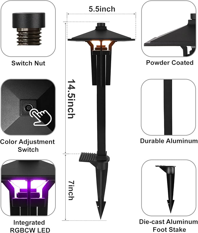 RGB Pathway Lights Low Voltage, 5W 12V Waterproof Wired LED RGB Color Changing Low Voltage Landscape Lighting for Outdoor Pathway Path Walkway Garden of Christmas, Heavy Duty, Black, 1PK