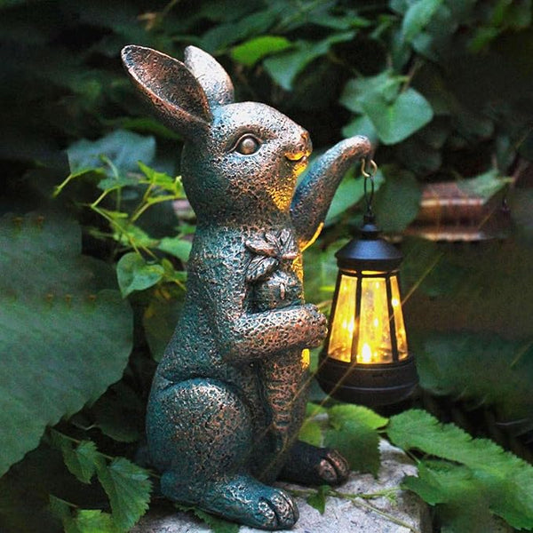 Solar Garden Statues -Rabbit Lantern Outdoor Handmade Resin Statue with LED Light, Cute Carrot Holder for Patio | Lumora
