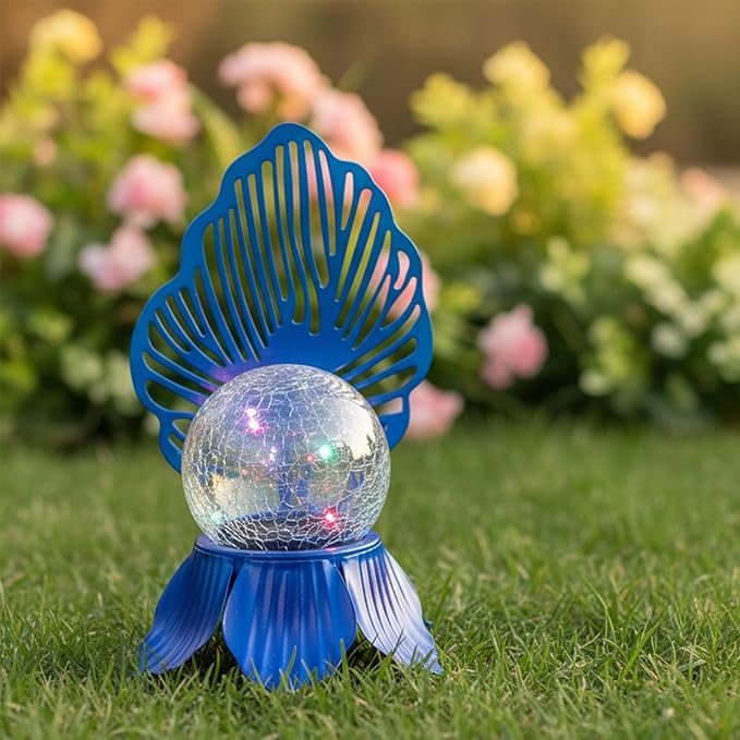 Solar Lights Outdoor Flower Garden Decor with Crackle Glass Globe Lights, Metal Flowers for Outside Yard Lawn Patio Porch Pathway Tabletop, Housewarming Gifts for Mom Women
