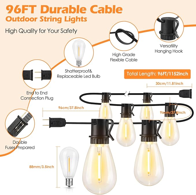 96FT LED Outdoor String Lights, Waterproof Patio Lights with 30+2 2700K Dimmable Shatterproof Edison Hanging Bulbs for Backyard Party-Black