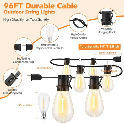 96FT LED Outdoor String Lights, Waterproof Patio Lights with 30+2 2700K Dimmable Shatterproof Edison Hanging Bulbs for Backyard Party-Black