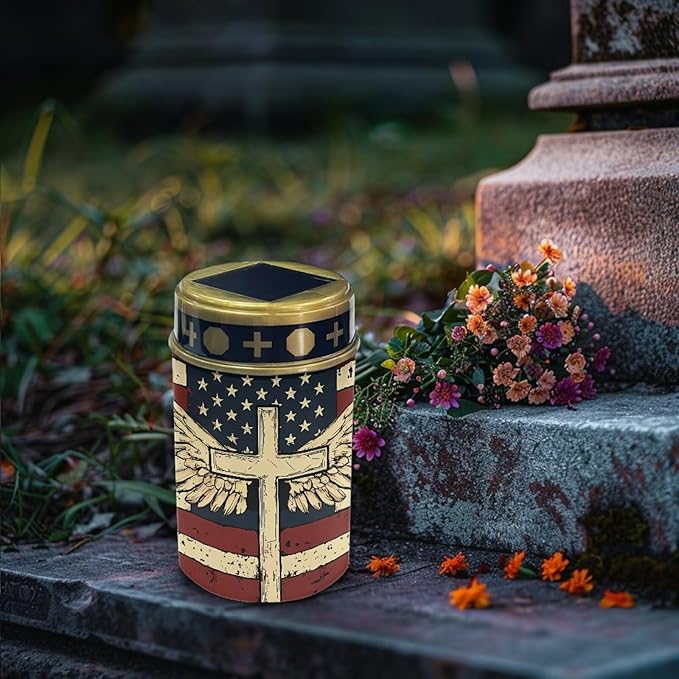 Solar Garden Lights for Cemetery, Cross American Flag Eternal Lights for Cemetery Grave Decorations