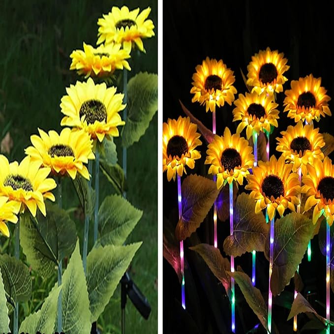 Lxcom Lighting Solar Path Light Artificial Sunflower Decorative Lights Waterproof Solar Garden Flower Light Outdoor Solar Lawn Lights for Patio Garden Yard Pathway, 3 Pack(Warm White)