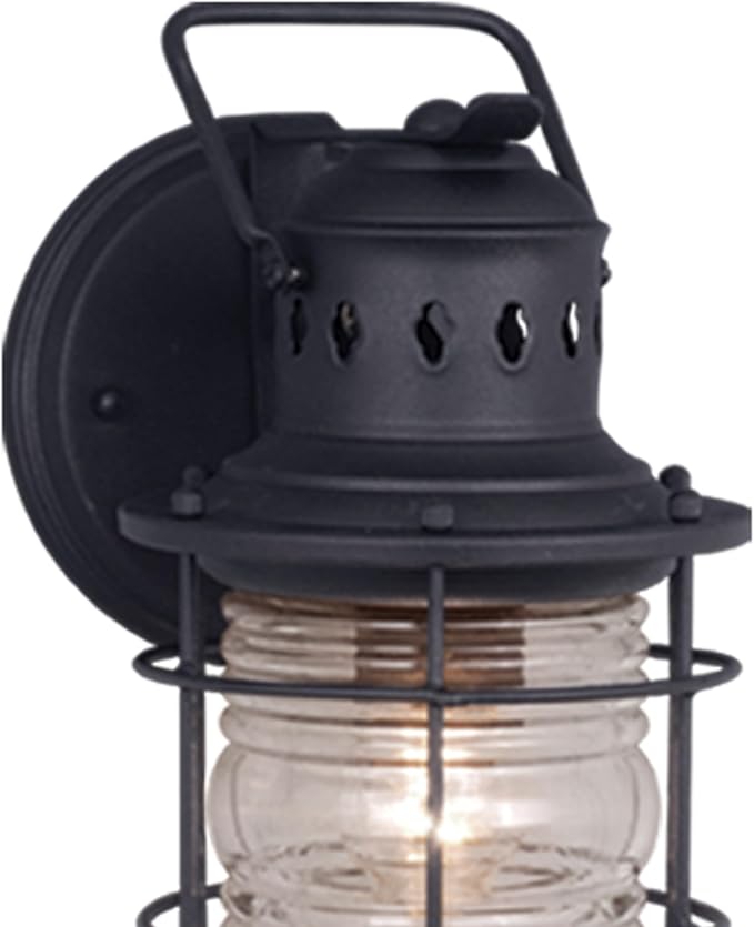 VAXCEL Hyannis 12.25 in. H 1-Light Textured Black Coastal Outdoor Wall Sconce Made of Durable Steel, Clear Ribbed Glass Shade, LED Compatible, Use for Exterior Porch Patio Front Door or Garage