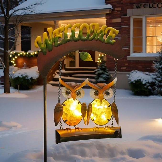 HONGLAND Solar Lights Outdoor Decor, Owl Swing Garden Decor, Owl Gifts for Women Mom, Whimsical Garden Lights Outdoor Decorations with Welcome Sign for Outside Patio Yard Lawn Decor
