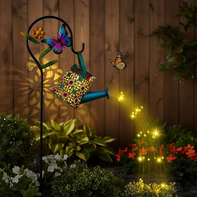 Solar Watering Can with Cascading Lights Outdoor Garden Decor,Waterproof Solar Lantern with Butterfly Shepherd | Lumora