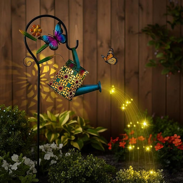 Solar Watering Can with Cascading Lights Outdoor Garden Decor,Waterproof Solar Lantern with Butterfly Shepherd | Lumora