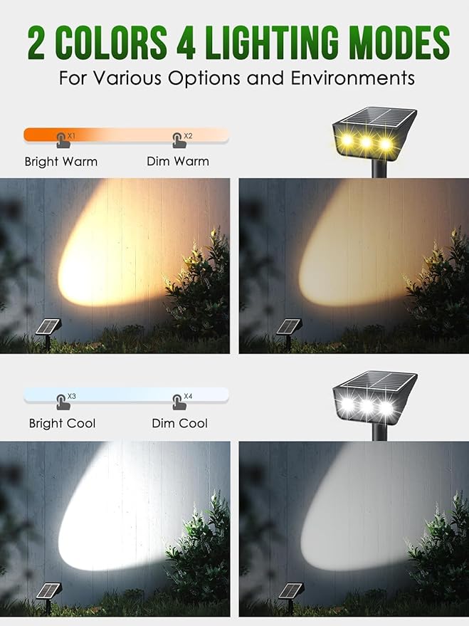 Solar spot Lights Outdoor IP65 Waterproof Solar spotlights 3 Lighting Modes Tree Lights for Outdoor Yard Garden Auto On/Off Wall Lights for Walkway Driveway Garage 4 Pack (Warm White
