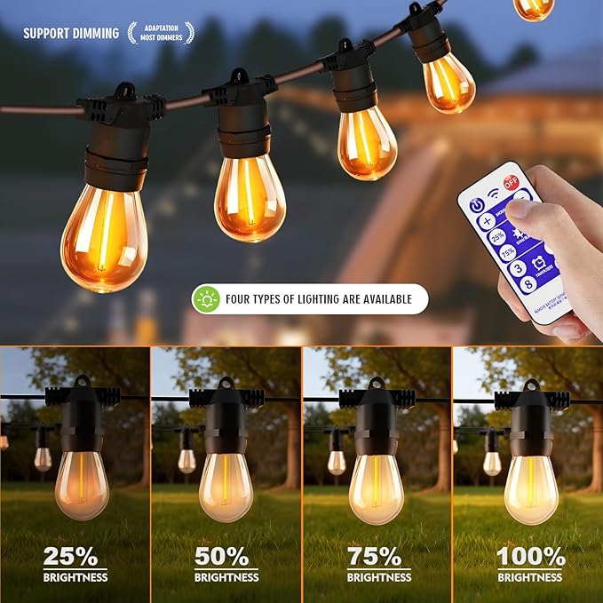 34ft S14 String Lights with 15 Golden Yellow Light Guide Column LED Bulbs – Shatterproof Waterproof E26 for Outdoor | Lumora