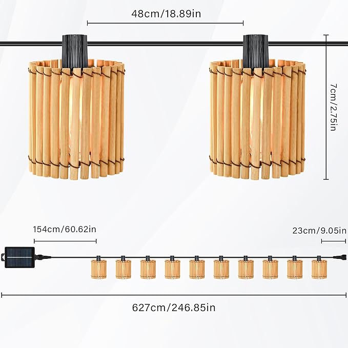 Decorative Solar String Lights Outdoor Rattan Lamps, 20.5FT 10 LED G40 Bulb Waterproof Hanging Lantern for Patio, Yard, Deck, Garden - Indoor/Outdoor Use
