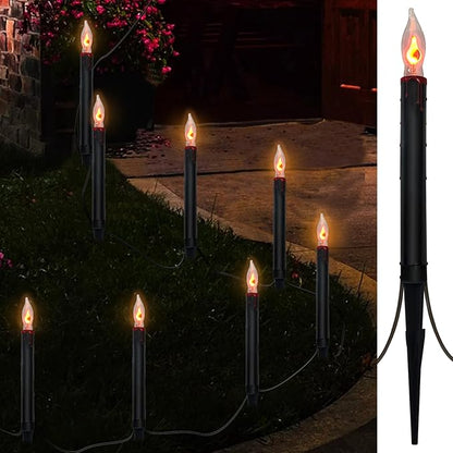 SUNSGNE Halloween Pathway Marker String Lights - 19.5Ft Outdoor Walkway Lights with 10 Black Blood Tears Candle Light Stakes for Lawn, Yard, Sidewalk, Garden Decoration