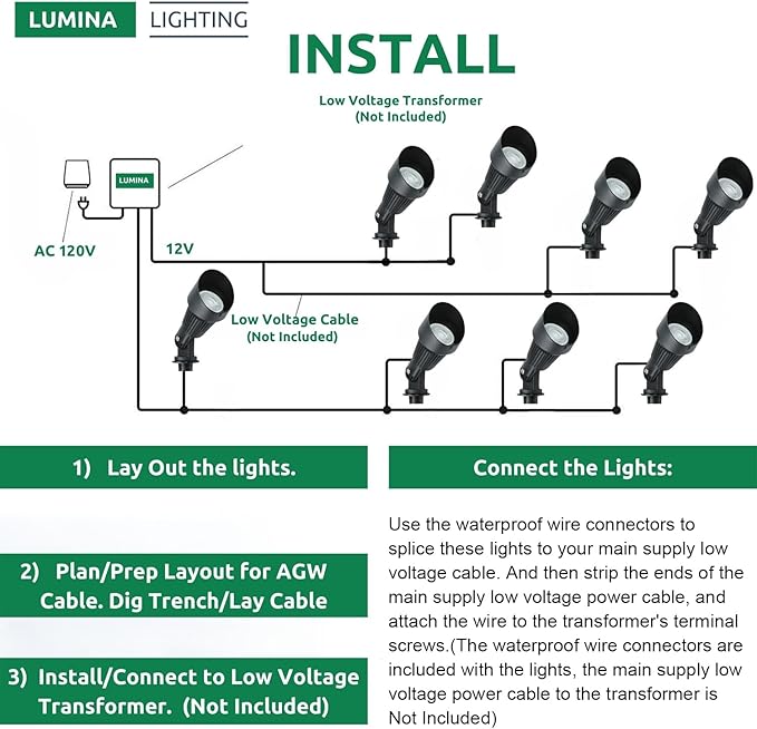 Lumina Lighting® 5W Landscape Lighting 12V Landscape Lights Low Voltage Landscape Spotlights Warm White Waterproof Outdoor Replaceable LED Bulb for Garden,Lawn,Porch,Patio and Yard (Black) (6-Pack)