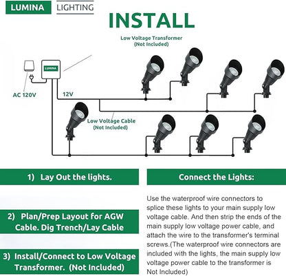 Lumina Lighting® 4W Landscape Lighting 12V Landscape Lights Low Voltage Landscape Spotlights Warm White Waterproof Outdoor Replaceable LED Bulb for Garden, Lawn, Porch, Patio and Yard (Black, 6-Pack)