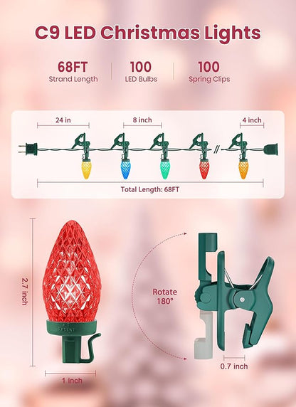C9 LED Christmas Lights Outdoor, 68 Feet 100 LED Strawberry String Lights with 100 Spring Clamps, Waterproof Commercial Grade Extendable for Outside Roofline Patio Home Xmas Decoration, Multicolor