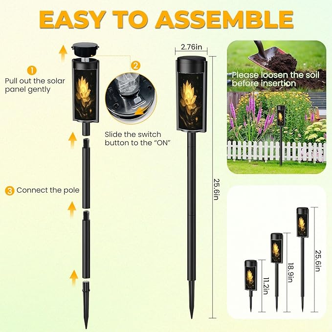4 Pack Solar Pathway Lights Outdoor Waterproof Black Gold Lotus Flower Yellow Golden Floral Glowing Petals Sparkles Solar Garden Lights LED Landscape Lighting for Yard Walkway Lawn Garden Decor