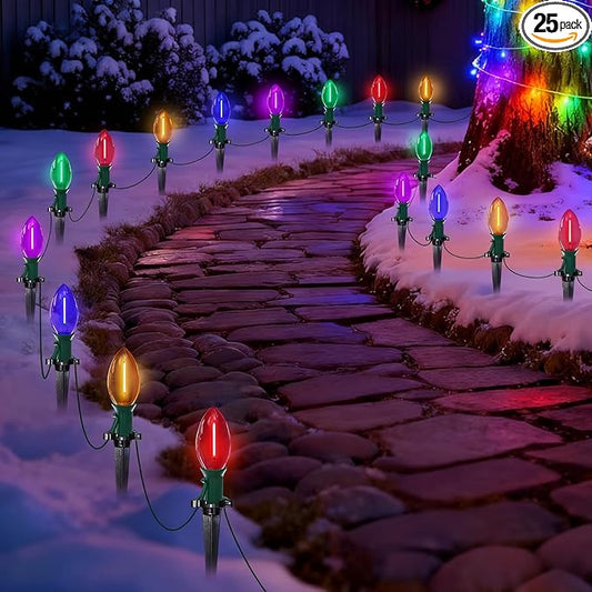 38FT LED C9 Multicolor Christmas Pathway Lights Outdoor,25 Weatherproof LED Christmas Walkway Lights with C9 Multicolor Bulbs and Stakes for Lawn Backyard snowfield Xmas Decorations