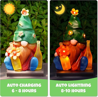 Solar Garden Statues Lights, 8.5" Christmas Outdoor Gnome Figurine with Auto On/Off for Yard Patio Decor, Gifts for Women, Grandma, Mom, Housewarming,Spring Garden Decor