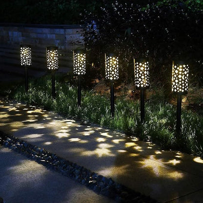 Ulalaza Solar Pathway Lights Iron Lantern Retro Hollow Ground Light LED Outdoor Waterproof Lighting Flame Lamp for Path Landscape Lawn Yard