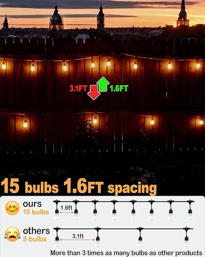 25FT Outdoor String Lights for Patio, Balcony & Porch – 16 LED Edison Bulbs (1.6FT Spacing), Dimmable Heavy-Duty Patio Lights for Backyard, Gazebo, Bistro, Camping, Party and Garden Decor