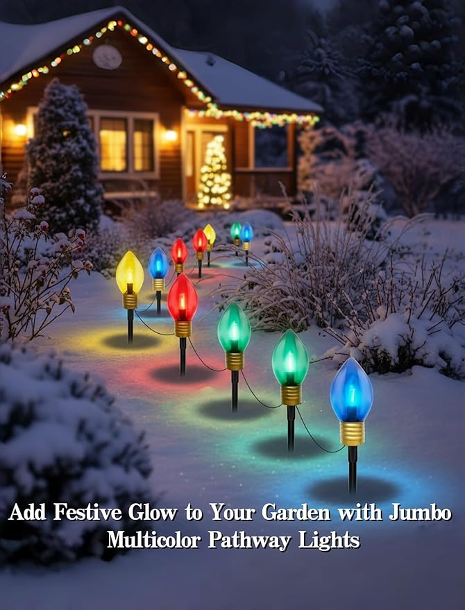 2 Pack 7FT LED Jumbo C9 Christmas Lights Pathway,4 Christmas Walkway Lights with Pathway Marker Stakes,Jumbo Clear Multicolor Big Light Bulb for Driveways Garden Holiday Christmas Decor