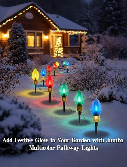 2 Pack 7FT LED Jumbo C9 Christmas Lights Pathway,4 Christmas Walkway Lights with Pathway Marker Stakes,Jumbo Clear Multicolor Big Light Bulb for Driveways Garden Holiday Christmas Decor