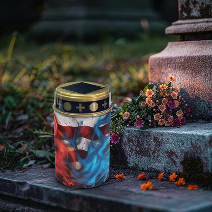 American Flag Solar Dusk to Dawn Lights Outdoor Waterproof Solar Memorial Lights for Graves Eternal Light Solar Powered Lighted Cross,Cemetery Decor Candle Lamp