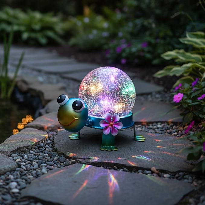 Solar Lights Outdoor Turtle Garden Decor with Crackle Glass Globe Lights - Cute Metal Turtle Statue for Yard Lawn | Lumora