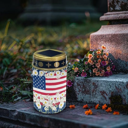 Daisy American Flag Solar Outdoor Lights, Waterproof Solar Pathway Lights,Auto On/Off Solar Lights, Cemetery Lights for Grave Walkway Driveway Yard Lawn Landscape Decor