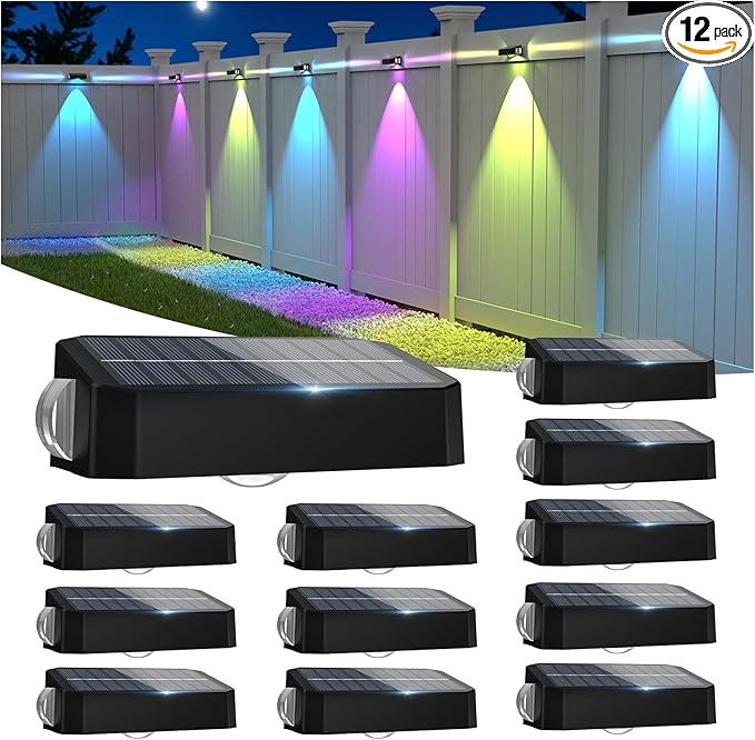 Solar Fence Lights Outdoor with 3-Way Lensed Lighting, Fence Light Solar Powered 12 Mode RGB Color Changing | Lumora