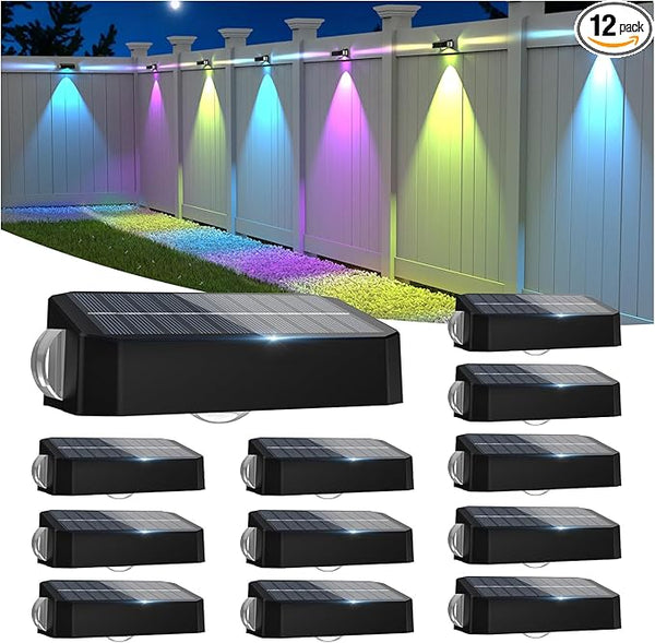 Solar Fence Lights Outdoor with 3-Way Lensed Lighting, Fence Light Solar Powered 12 Mode RGB Color Changing | Lumora