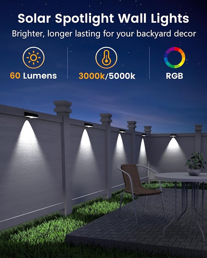 Solar Fence Lights Outdoor, 12 Pack, 50LM Ultra Bright, 3 Color Temperatures & RGB, IP65 Waterproof, Dusk-to-Dawn Solar Powered Fence Lights for Patio, Railing, Pool, Porch, Backyard(Black)